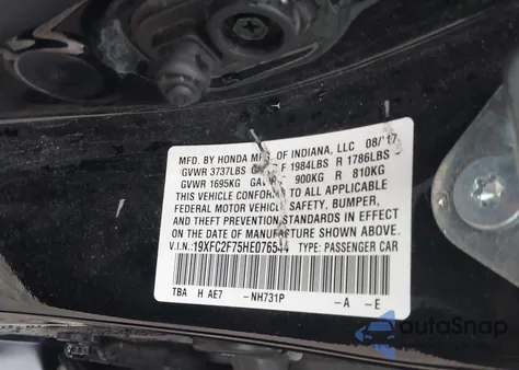 2017 Honda Civic Ex from USA, damaged, VIN 19XFC2F75HE076544